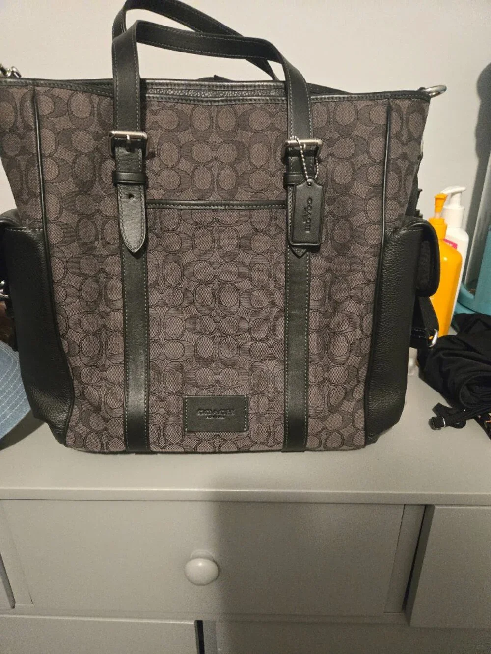 COACH CR325 Sprint Tote Bag in Signature Jacquard Silver/Charcoal/Black